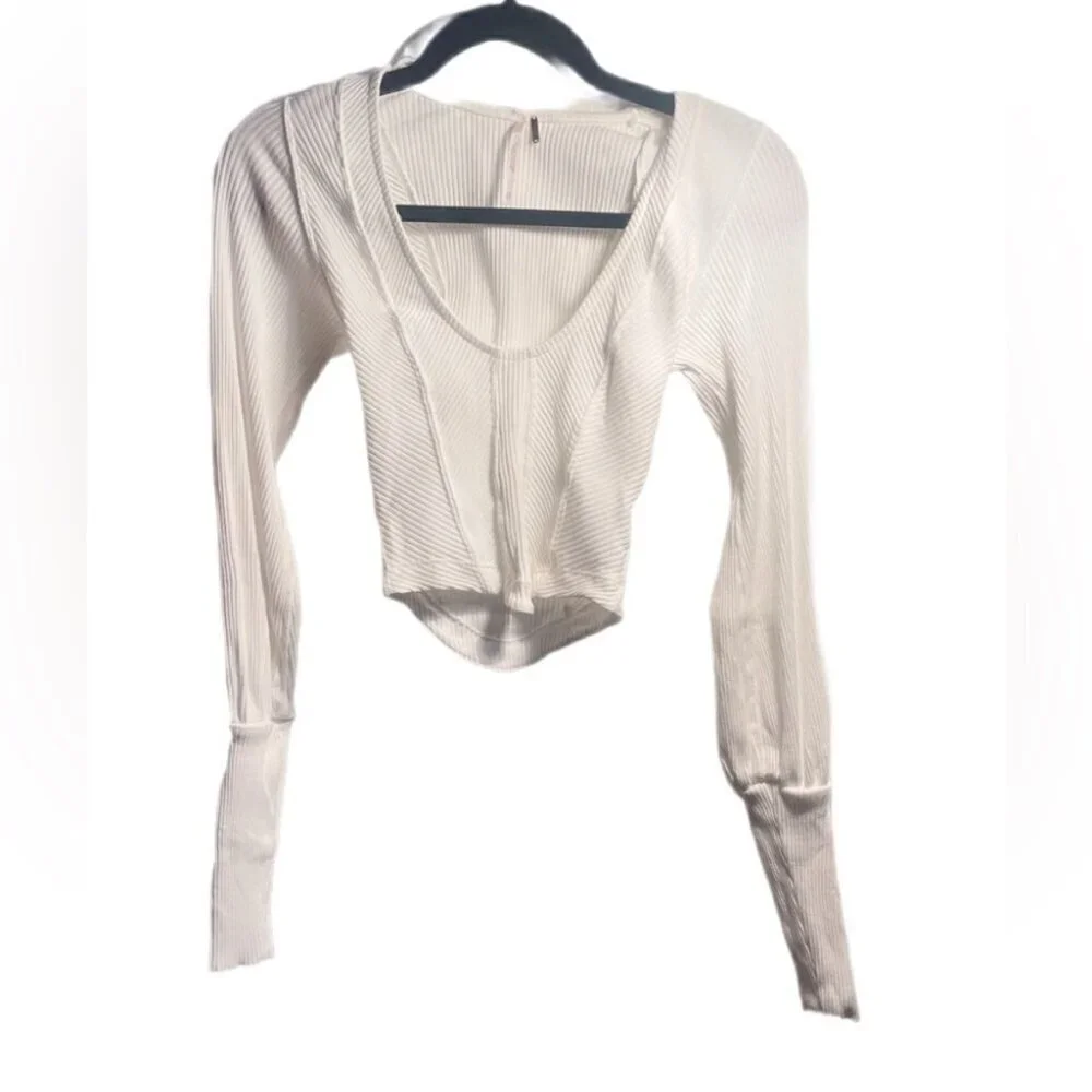 NWT Free People “Petra” long sleeve cotton seam detail white stretch crop top XS